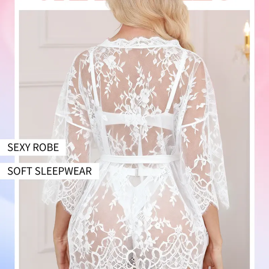 CHALOVELO Lace Kimono Robe and Bodysuit Set - back view