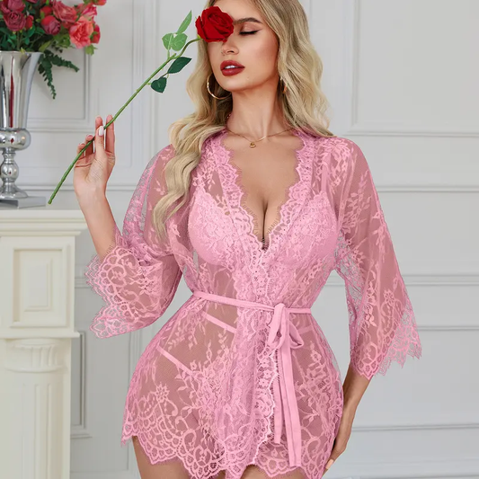 CHALOVELO Lace Robe and Teddy Bodysuit Set - worn on model