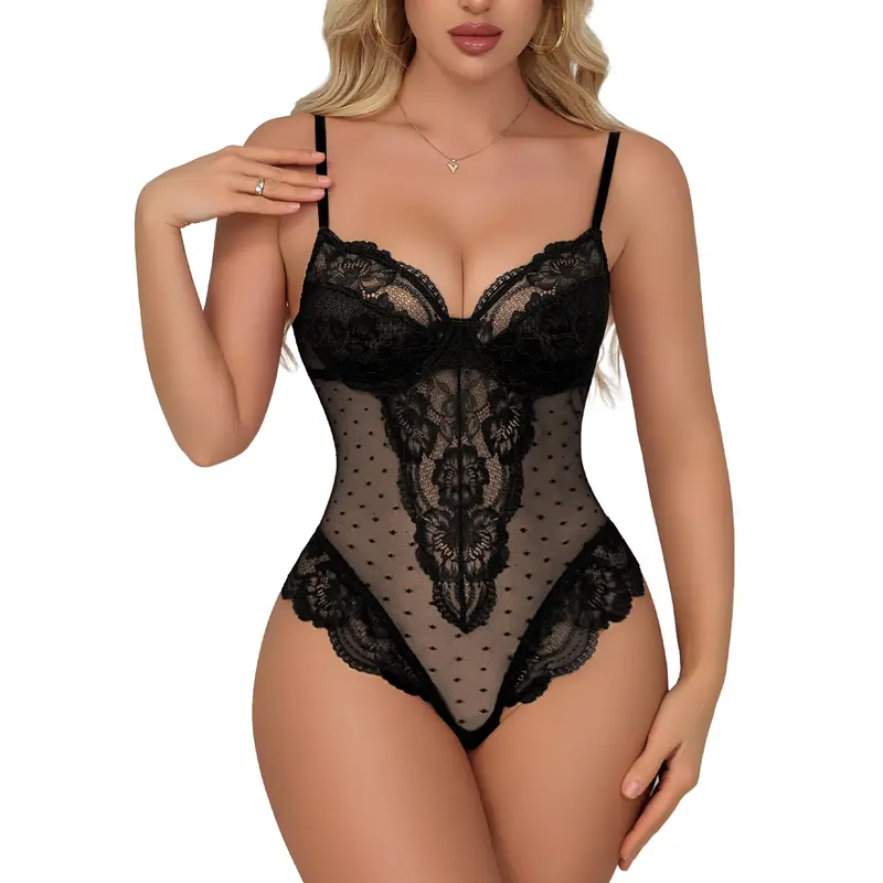 CHALOVELO Polka Dot Mesh Lace Bodysuit - color option