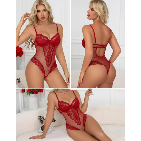 CHALOVELO Polka Dot Mesh Lace Bodysuit - back view