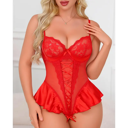 CHALOVELO Lace-Up Mesh Ruffle Bodysuit - front view
