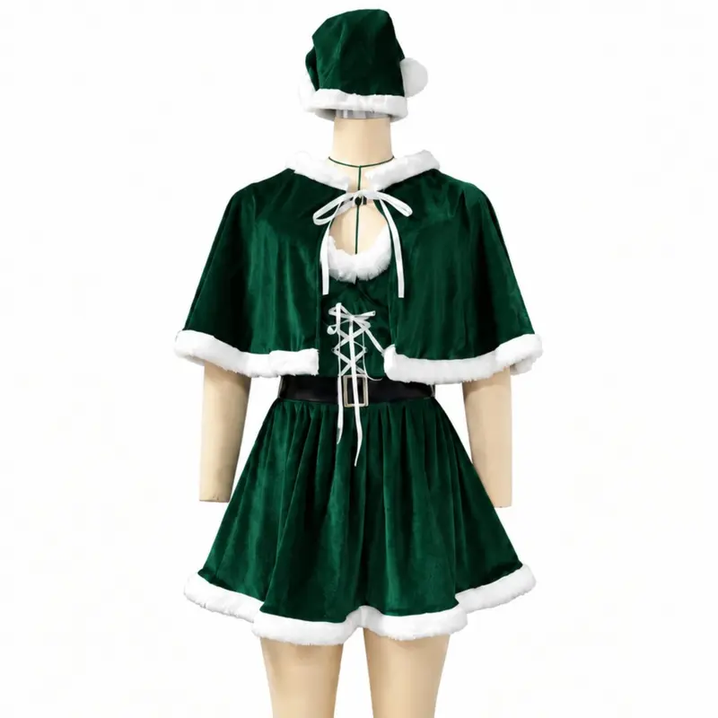CHALOVELO Christmas Dress with Cape and Santa Hat - color option