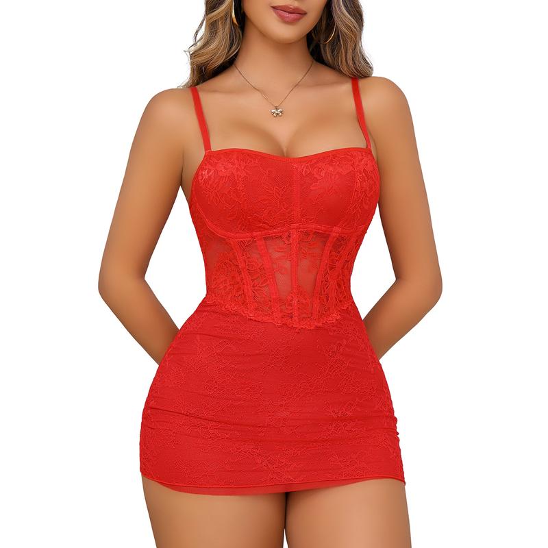 CHALOVELO Square-Neck Floral Lace Babydoll - color option