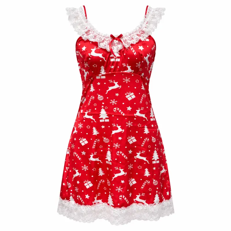 CHALOVELO Christmas Print Lace-Trim Nightdress - product image