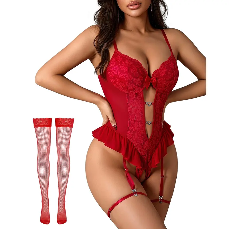 CHALOVELO Deep-V Lace Bodysuit with Stockings - color option