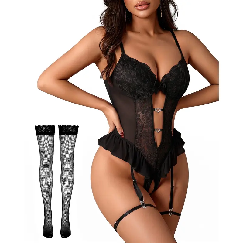 CHALOVELO Deep-V Lace Bodysuit with Stockings - color option