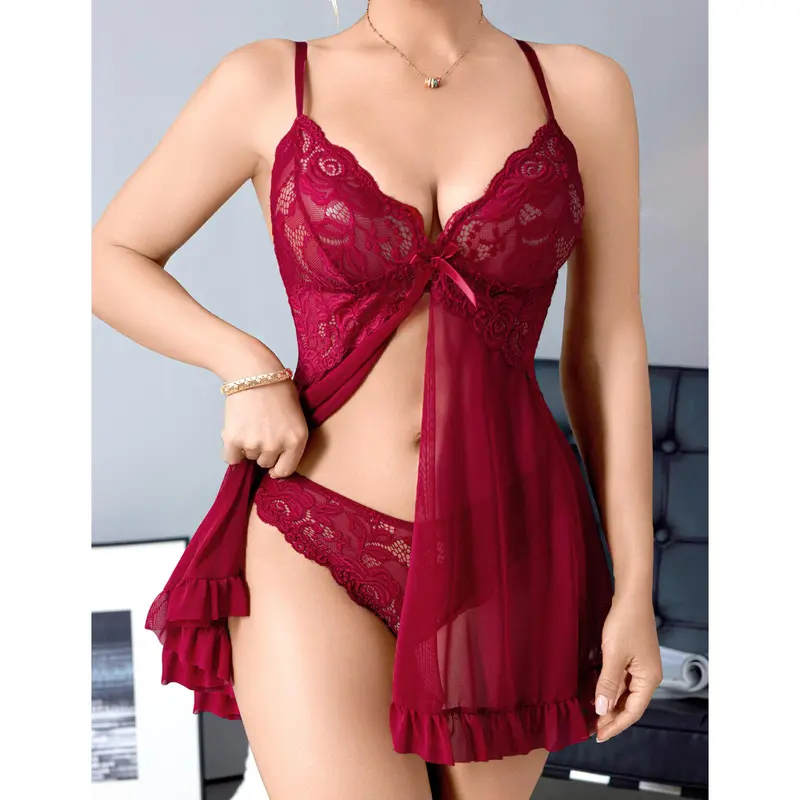 CHALOVELO Front-Split Ruffle Babydoll Set - product image