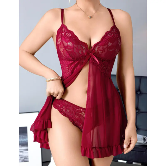 CHALOVELO Front-Split Ruffle Babydoll Set - product image
