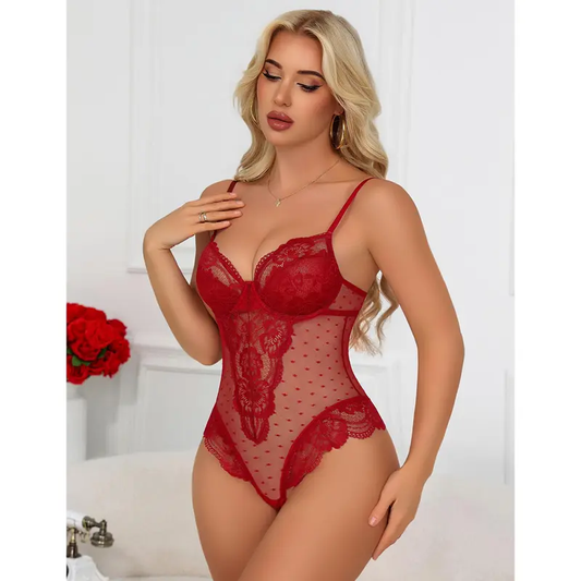 CHALOVELO Polka Dot Mesh Lace Bodysuit - product image