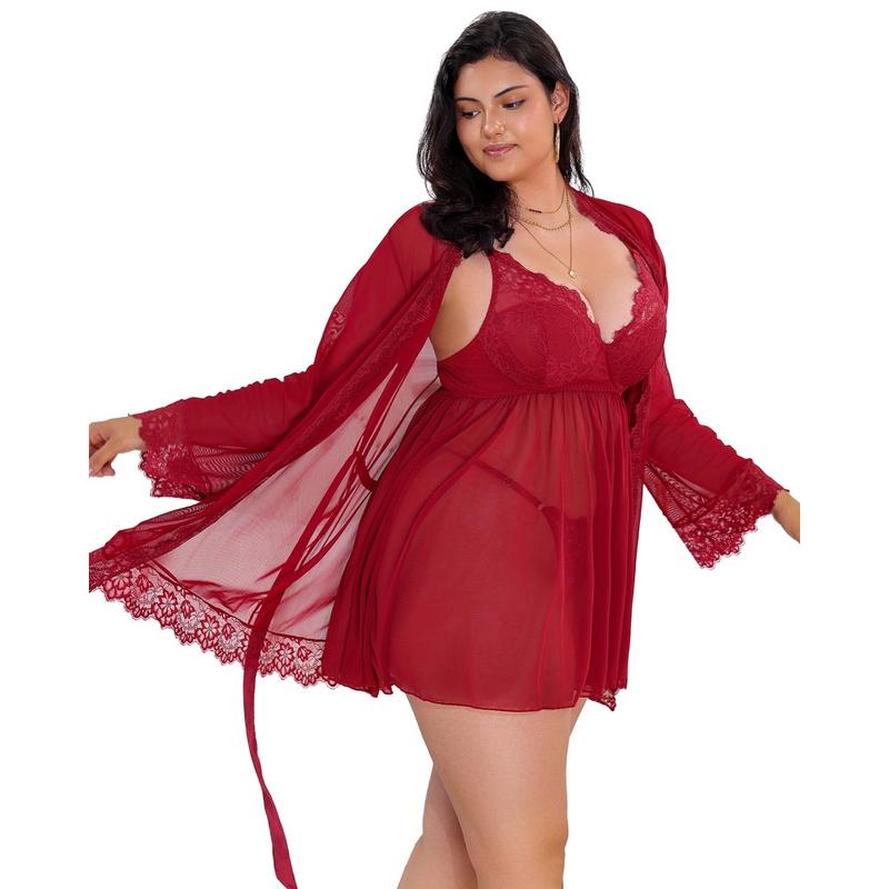 CHALOVELO Plus Size Lace Nightgown and Robe Set - color option