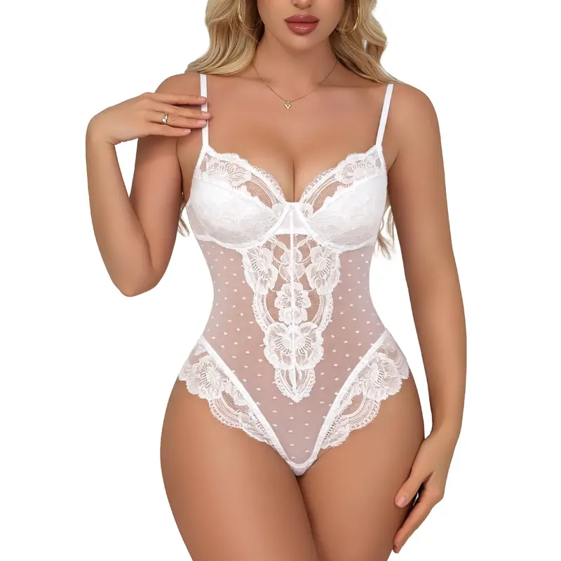 CHALOVELO Polka Dot Mesh Lace Bodysuit - color option