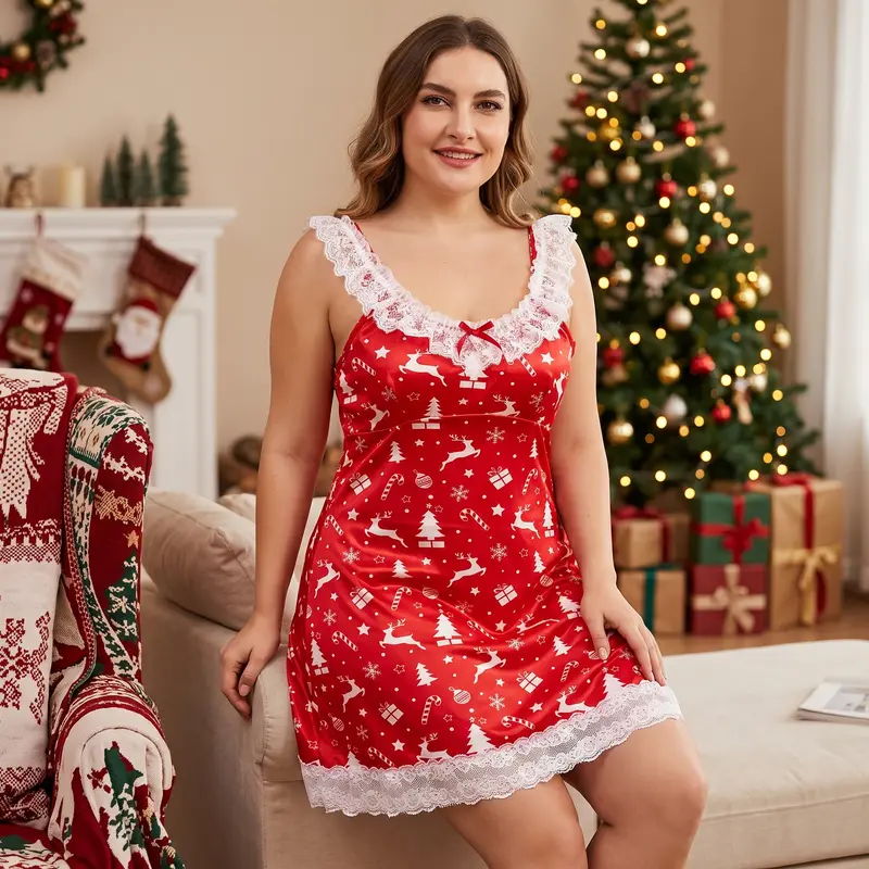 CHALOVELO Christmas Print Lace-Trim Nightdress - worn on model