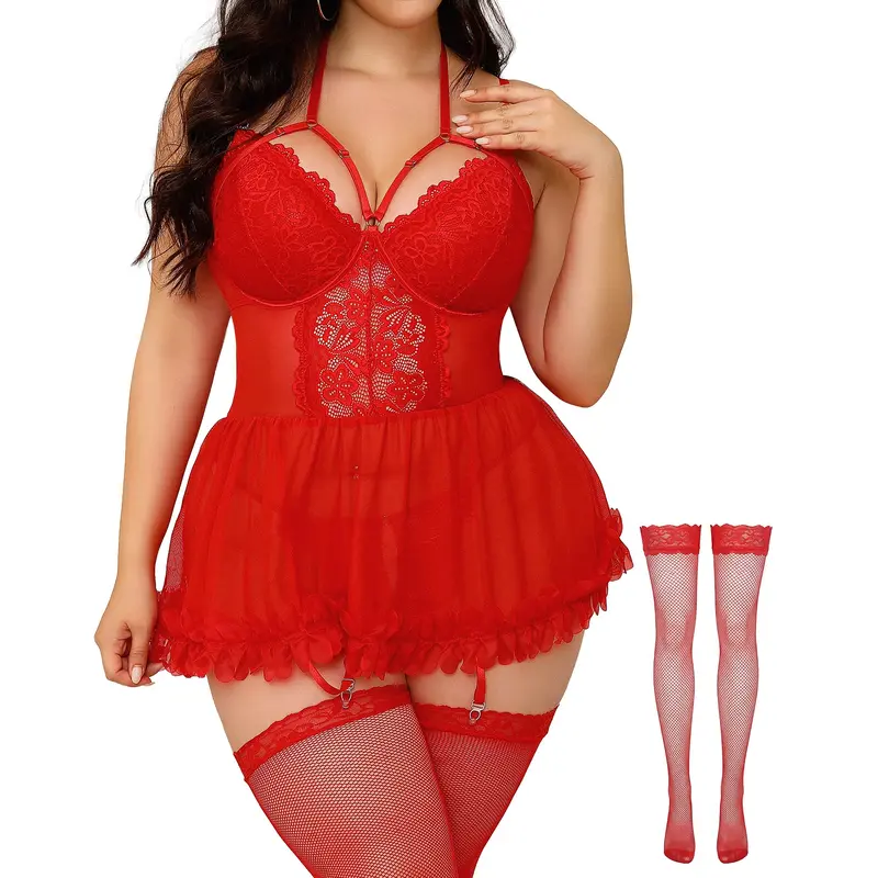 CHALOVELO Plus Size Lace Ruffle Babydoll Set - color option