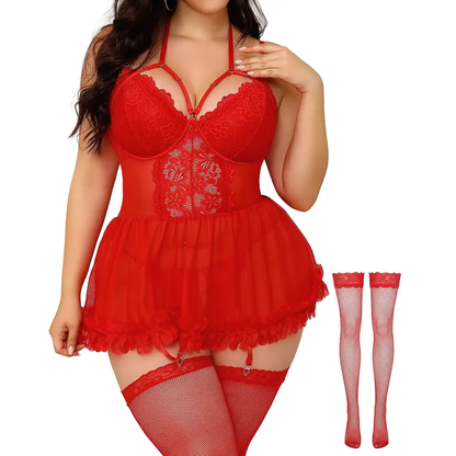 CHALOVELO Spitzen-Babydoll-Set mit Rüschen in großen Größen
