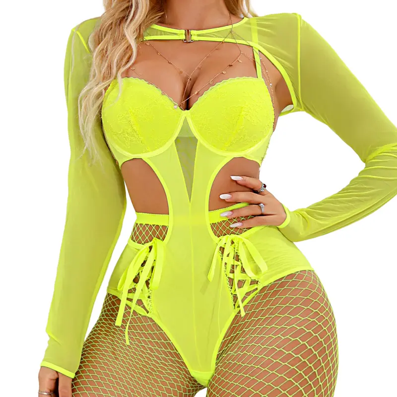 CHALOVELO Long Sleeve Mesh Bodysuit - color option