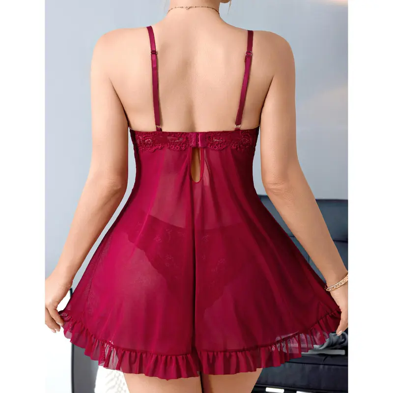 CHALOVELO Front-Split Ruffle Babydoll Set - back view