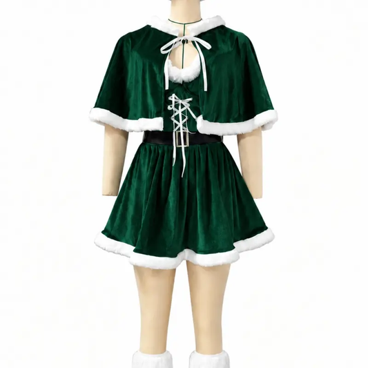 CHALOVELO Christmas Dress with Cape and Santa Hat - front view