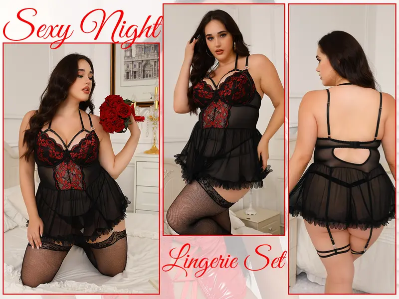 CHALOVELO Lace-Trim Ruffle Babydoll with Stockings, product detail 6