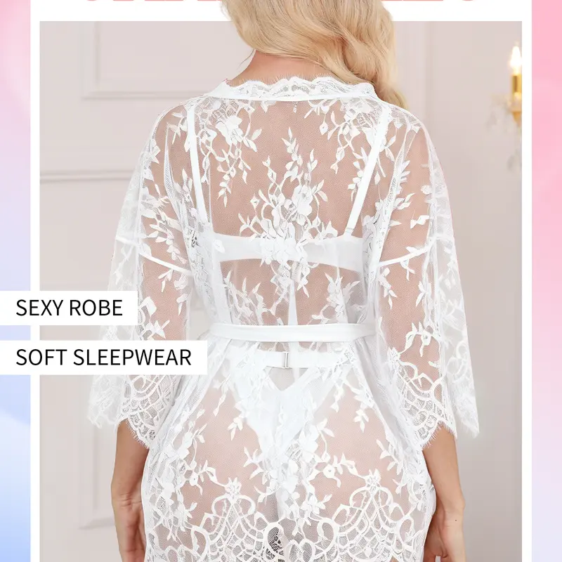 CHALOVELO Lace Kimono Robe and Bodysuit Set - back view