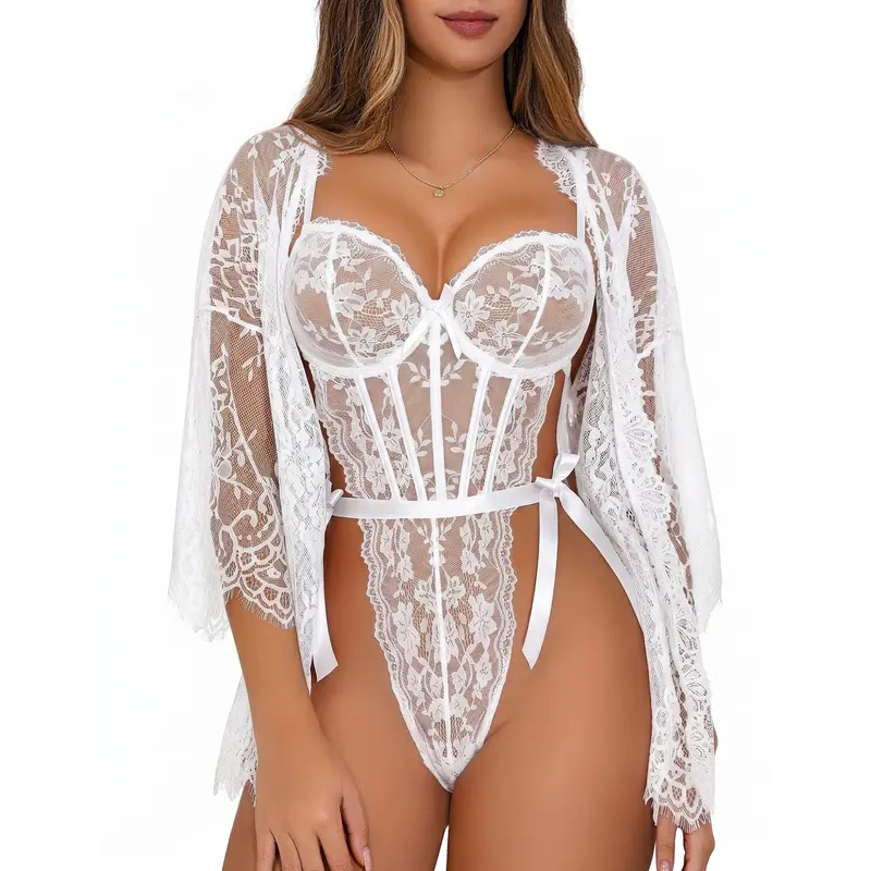 CHALOVELO Lace Kimono Robe and Bodysuit Set - product image