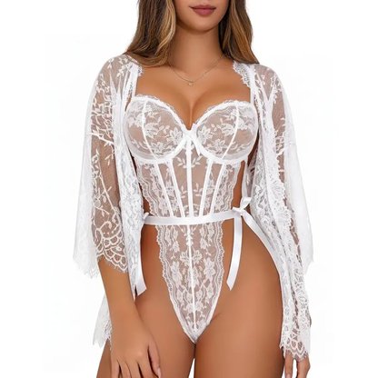 CHALOVELO Ensemble déshabillé kimono en dentelle et body
