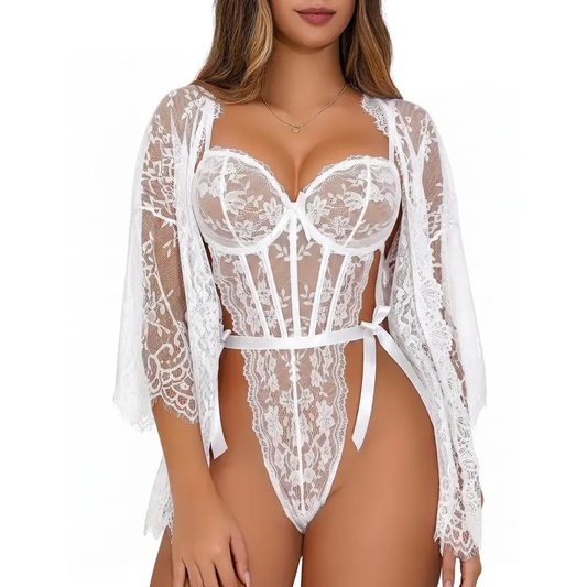 CHALOVELO Lace Kimono Robe and Bodysuit Set - product image