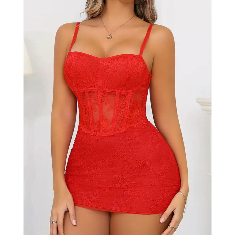 CHALOVELO Square-Neck Floral Lace Babydoll - front view