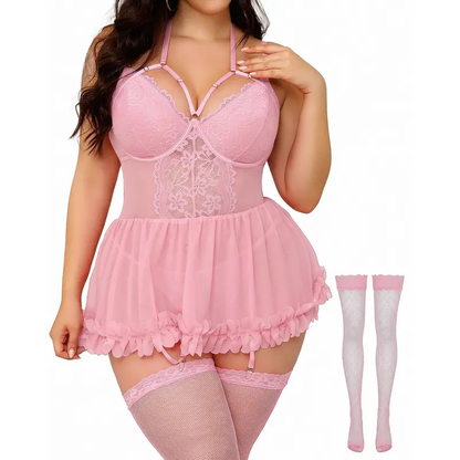 CHALOVELO Spitzen-Babydoll-Set mit Rüschen in großen Größen
