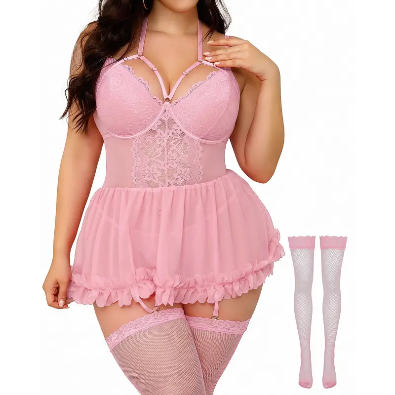 CHALOVELO Plus Size Lace Lingerie Set - color option