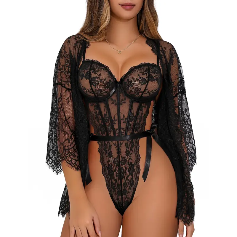 CHALOVELO Lace Kimono Robe and Bodysuit Set - color option