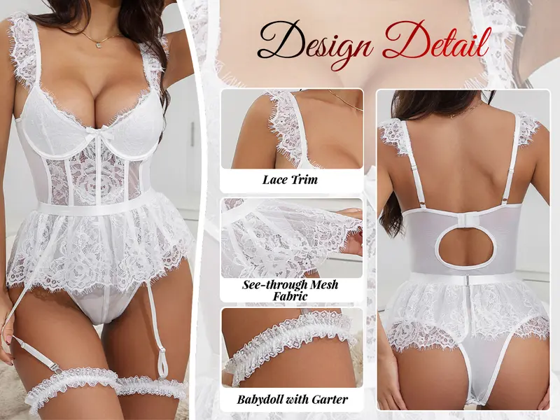CHALOVELO Floral Lace Bodysuit & Detachable Skirt, product detail 4
