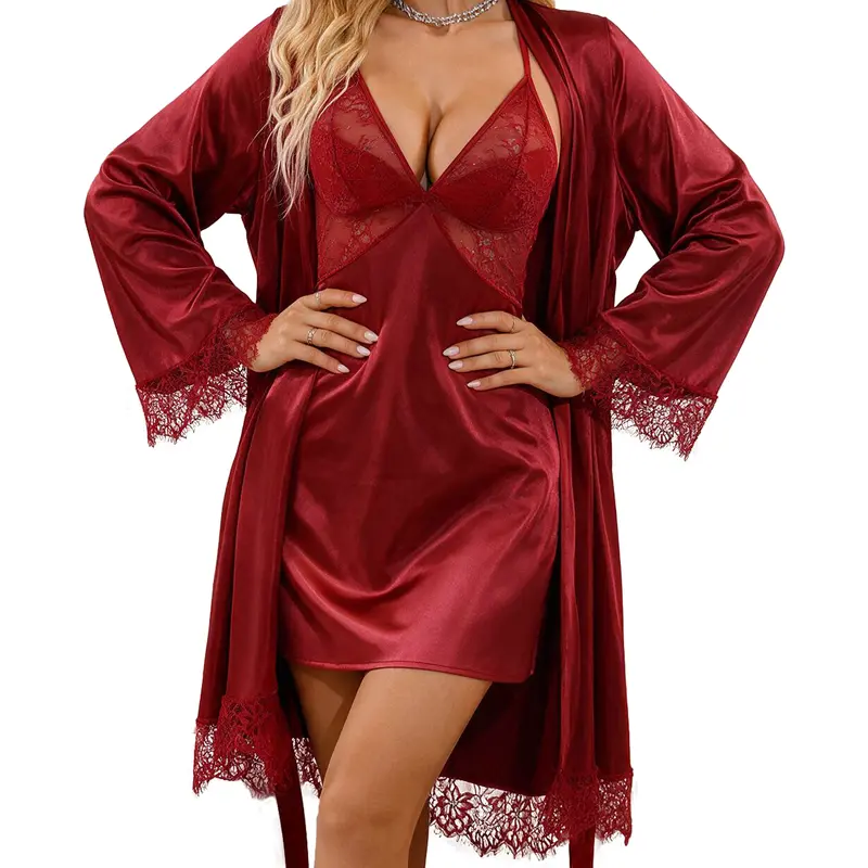 CHALOVELO Halter Babydoll and Flared Robe Set - product image