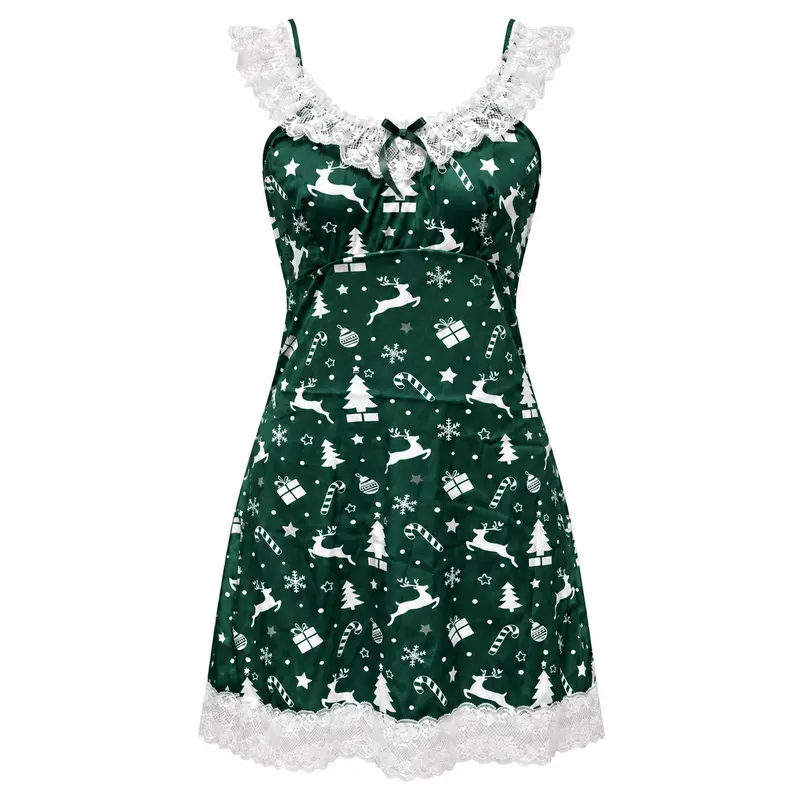 CHALOVELO Christmas Print Lace-Trim Nightdress - front view