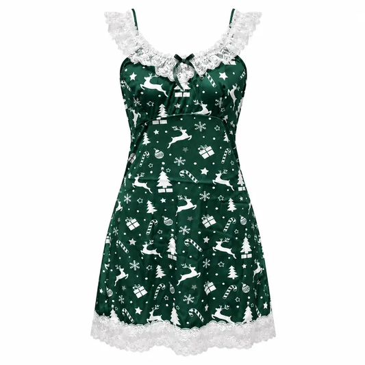 CHALOVELO Christmas Print Lace-Trim Nightdress - front view