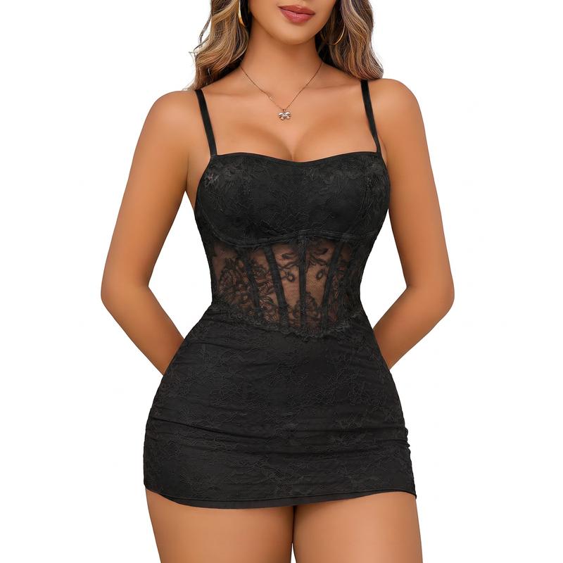 CHALOVELO Square-Neck Floral Lace Babydoll - color option