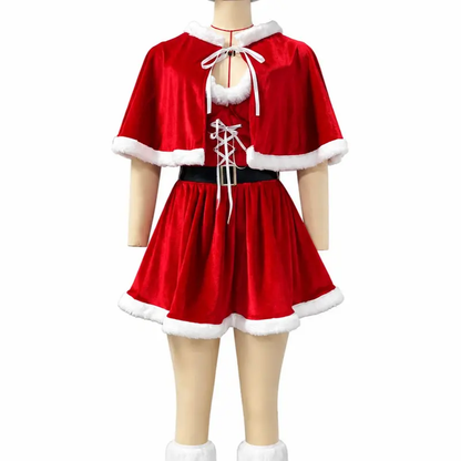 CHALOVELO Weihnachtskleid mit Cape und Weihnachtsmütze