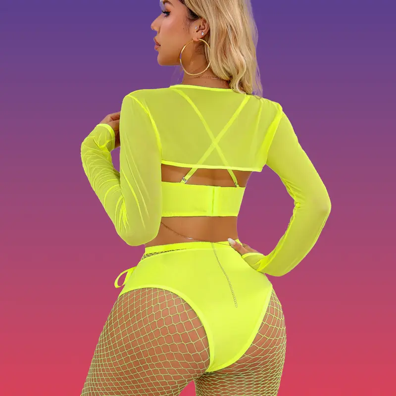 CHALOVELO Long Sleeve Mesh Bodysuit - back view