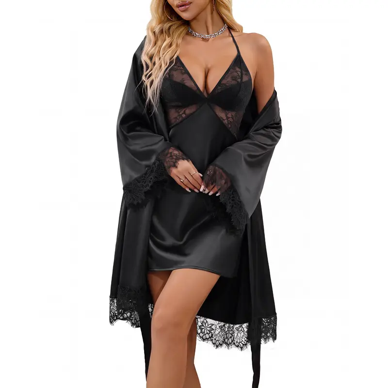 CHALOVELO Halter Babydoll and Flared Robe Set - color option