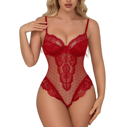 CHALOVELO Body aus gepunktetem Mesh und Spitze