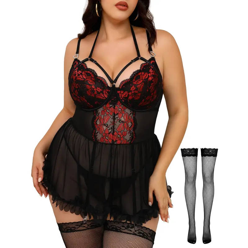 CHALOVELO Plus Size Lace Ruffle Babydoll Set - color option
