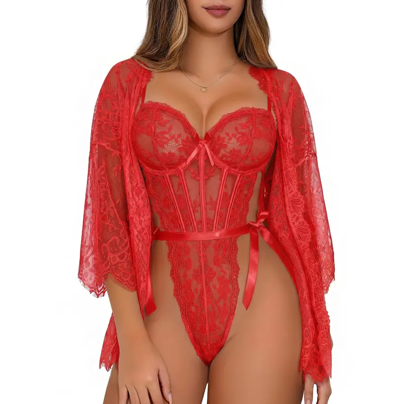 CHALOVELO Lace Kimono Robe and Bodysuit Set - color option