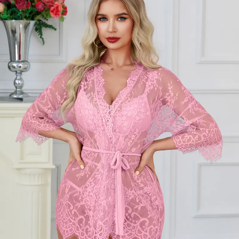CHALOVELO Lace Robe and Teddy Bodysuit Set - worn on model