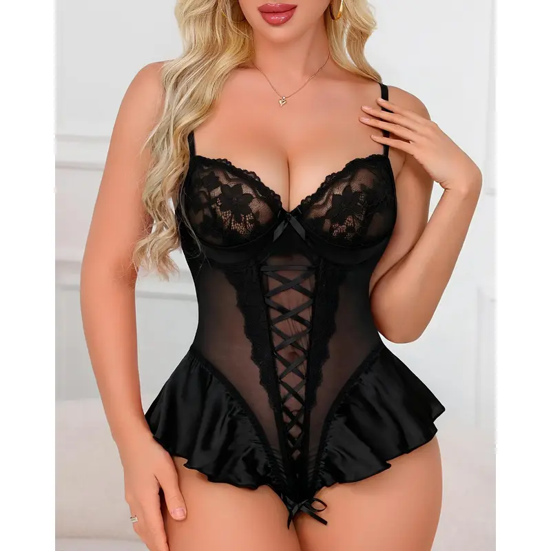 CHALOVELO Lace-Up Mesh Ruffle Bodysuit - front view
