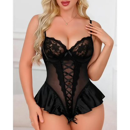CHALOVELO Mesh-Body mit Schnürung und Rüschen