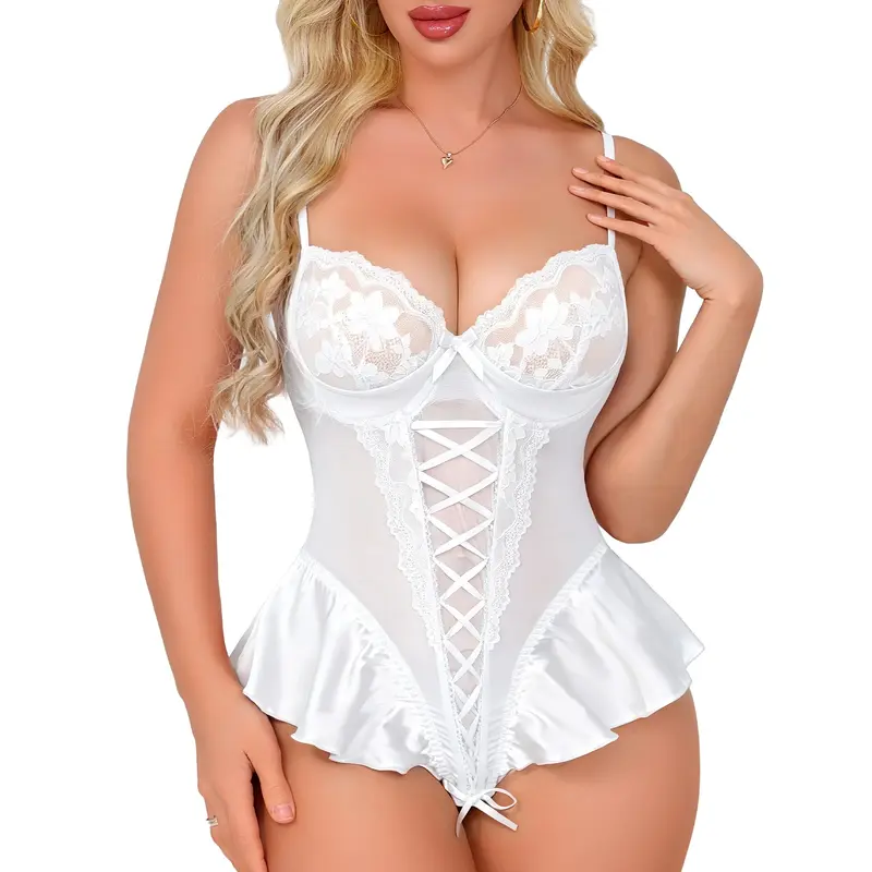 CHALOVELO Lace-Up Mesh Ruffle Bodysuit - color option