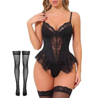 CHALOVELO Floral Underwire Ruffle Bodysuit