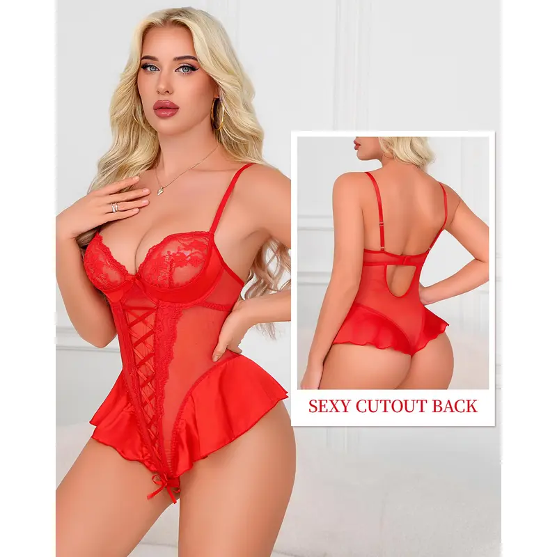 CHALOVELO Lace-Up Mesh Ruffle Bodysuit - product image