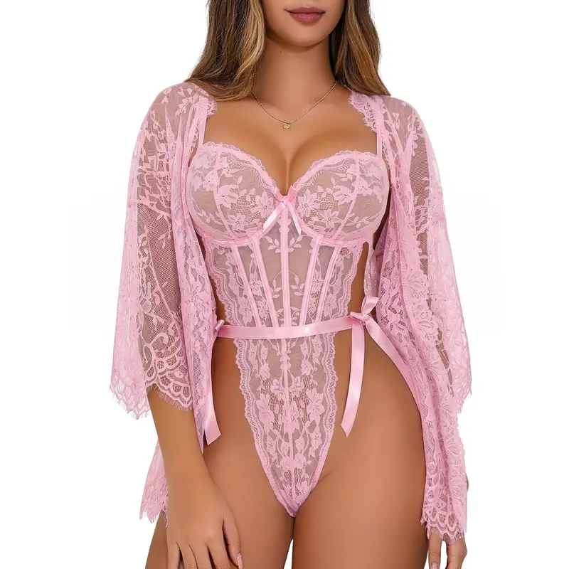 CHALOVELO Lace Kimono Robe and Bodysuit Set - color option