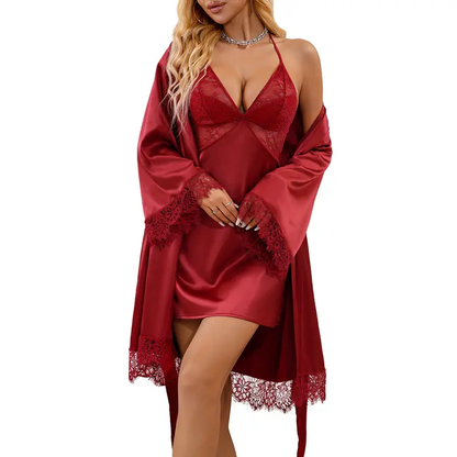 CHALOVELO Set aus Neckholder-Babydoll und ausgestelltem Morgenmantel