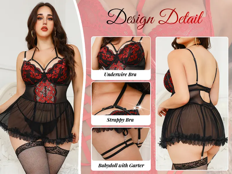 CHALOVELO Lace-Trim Ruffle Babydoll with Stockings, product detail 4